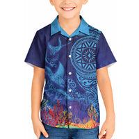 Fijian Tribal Manta Ray Kid Hawaiian Shirt Masi Motif with Coral Reef Ocean Vibe