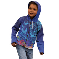 Fijian Tribal Manta Ray Kid Hoodie Masi Motif with Coral Reef Ocean Vibe