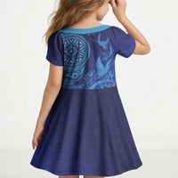 Fijian Tribal Manta Ray Kid Short Sleeve Dress Masi Motif with Coral Reef Ocean Vibe