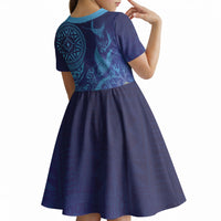 Fijian Tribal Manta Ray Kid Short Sleeve Dress Masi Motif with Coral Reef Ocean Vibe