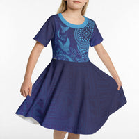 Fijian Tribal Manta Ray Kid Short Sleeve Dress Masi Motif with Coral Reef Ocean Vibe
