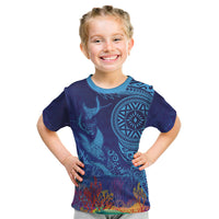 Fijian Tribal Manta Ray Kid T Shirt Masi Motif with Coral Reef Ocean Vibe