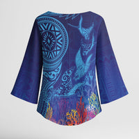Fijian Tribal Manta Ray Kimono Sleeve Blouse Masi Motif with Coral Reef Ocean Vibe