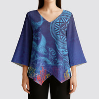Fijian Tribal Manta Ray Kimono Sleeve Blouse Masi Motif with Coral Reef Ocean Vibe