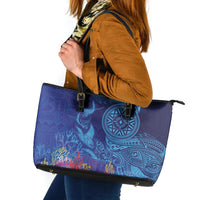 Fijian Tribal Manta Ray Leather Tote Bag Masi Motif with Coral Reef Ocean Vibe
