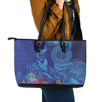 Fijian Tribal Manta Ray Leather Tote Bag Masi Motif with Coral Reef Ocean Vibe