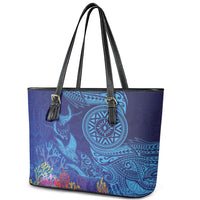 Fijian Tribal Manta Ray Leather Tote Bag Masi Motif with Coral Reef Ocean Vibe