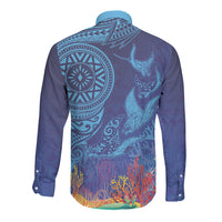 Fijian Tribal Manta Ray Long Sleeve Button Shirt Masi Motif with Coral Reef Ocean Vibe
