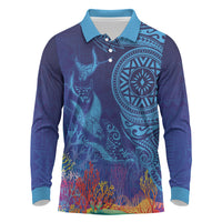 Fijian Tribal Manta Ray Long Sleeve Polo Shirt Masi Motif with Coral Reef Ocean Vibe