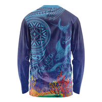 Fijian Tribal Manta Ray Long Sleeve Shirt Masi Motif with Coral Reef Ocean Vibe