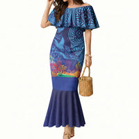 Fijian Tribal Manta Ray Mermaid Dress Masi Motif with Coral Reef Ocean Vibe