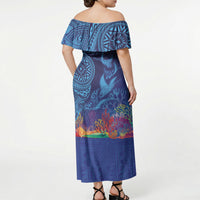 Fijian Tribal Manta Ray Off Shoulder Maxi Dress Masi Motif with Coral Reef Ocean Vibe