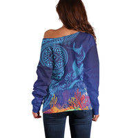 Fijian Tribal Manta Ray Off Shoulder Sweater Masi Motif with Coral Reef Ocean Vibe