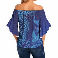 Fijian Tribal Manta Ray Off Shoulder Wrap Waist Top Masi Motif with Coral Reef Ocean Vibe