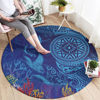 Fijian Tribal Manta Ray Round Carpet Masi Motif with Coral Reef Ocean Vibe