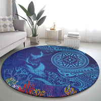 Fijian Tribal Manta Ray Round Carpet Masi Motif with Coral Reef Ocean Vibe