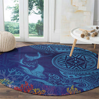 Fijian Tribal Manta Ray Round Carpet Masi Motif with Coral Reef Ocean Vibe