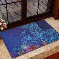 Fijian Tribal Manta Ray Rubber Doormat Masi Motif with Coral Reef Ocean Vibe
