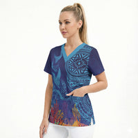 Fijian Tribal Manta Ray Scrub Top Masi Motif with Coral Reef Ocean Vibe