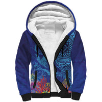 Fijian Tribal Manta Ray Sherpa Hoodie Masi Motif with Coral Reef Ocean Vibe