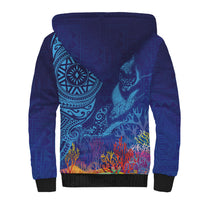 Fijian Tribal Manta Ray Sherpa Hoodie Masi Motif with Coral Reef Ocean Vibe