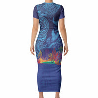 Fijian Tribal Manta Ray Short Sleeve Bodycon Dress Masi Motif with Coral Reef Ocean Vibe