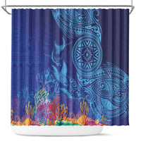 Fijian Tribal Manta Ray Shower Curtain Masi Motif with Coral Reef Ocean Vibe