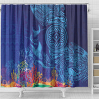 Fijian Tribal Manta Ray Shower Curtain Masi Motif with Coral Reef Ocean Vibe