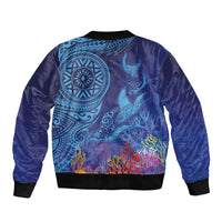 Fijian Tribal Manta Ray Sleeve Zip Bomber Jacket Masi Motif with Coral Reef Ocean Vibe