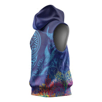 Fijian Tribal Manta Ray Sleeveless Hoodie Masi Motif with Coral Reef Ocean Vibe