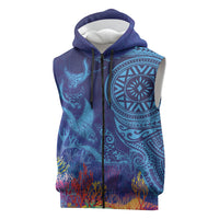 Fijian Tribal Manta Ray Sleeveless Zip Hoodie Masi Motif with Coral Reef Ocean Vibe