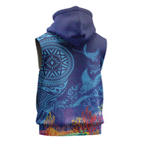 Fijian Tribal Manta Ray Sleeveless Zip Hoodie Masi Motif with Coral Reef Ocean Vibe