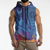 Fijian Tribal Manta Ray Sleeveless Zip Hoodie Masi Motif with Coral Reef Ocean Vibe