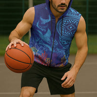 Fijian Tribal Manta Ray Sleeveless Zip Hoodie Masi Motif with Coral Reef Ocean Vibe