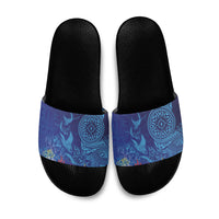 Fijian Tribal Manta Ray Slide Sandals Masi Motif with Coral Reef Ocean Vibe