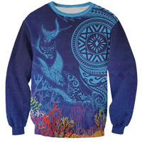 Fijian Tribal Manta Ray Sweatshirt Masi Motif with Coral Reef Ocean Vibe