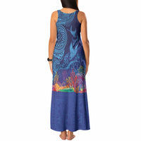 Fijian Tribal Manta Ray Tank Maxi Dress Masi Motif with Coral Reef Ocean Vibe