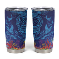 Fijian Tribal Manta Ray Tumbler Cup Masi Motif with Coral Reef Ocean Vibe