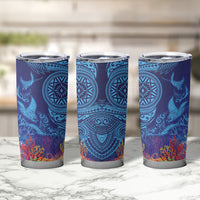 Fijian Tribal Manta Ray Tumbler Cup Masi Motif with Coral Reef Ocean Vibe