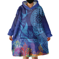 Fijian Tribal Manta Ray Wearable Blanket Hoodie Masi Motif with Coral Reef Ocean Vibe