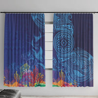 Fijian Tribal Manta Ray Window Curtain Masi Motif with Coral Reef Ocean Vibe