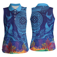 Fijian Tribal Manta Ray Women Sleeveless Polo Shirt Masi Motif with Coral Reef Ocean Vibe