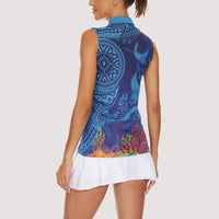Fijian Tribal Manta Ray Women Sleeveless Polo Shirt Masi Motif with Coral Reef Ocean Vibe