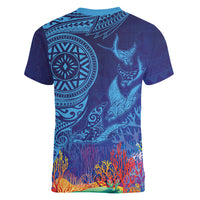 Fijian Tribal Manta Ray Women V-Neck T-Shirt Masi Motif with Coral Reef Ocean Vibe
