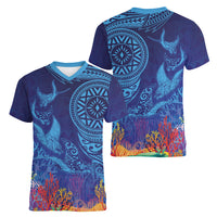 Fijian Tribal Manta Ray Women V-Neck T-Shirt Masi Motif with Coral Reef Ocean Vibe