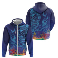 Fijian Tribal Manta Ray Zip Hoodie Masi Motif with Coral Reef Ocean Vibe