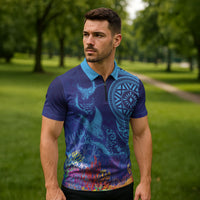 Fijian Tribal Manta Ray Zipper Polo Shirt Masi Motif with Coral Reef Ocean Vibe