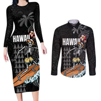Hawaiian Halloween Skeleton Surfing Couples Matching Long Sleeve Bodycon Dress and Long Sleeve Button Shirt Polynesian Tribal Tattoo and Hawaiian Pattern