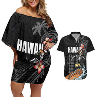 Hawaiian Halloween Skeleton Surfing Couples Matching Off Shoulder Short Dress and Hawaiian Shirt Polynesian Tribal Tattoo and Hawaiian Pattern