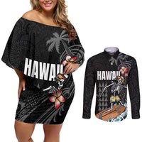 Hawaiian Halloween Skeleton Surfing Couples Matching Off Shoulder Short Dress and Long Sleeve Button Shirt Polynesian Tribal Tattoo and Hawaiian Pattern
